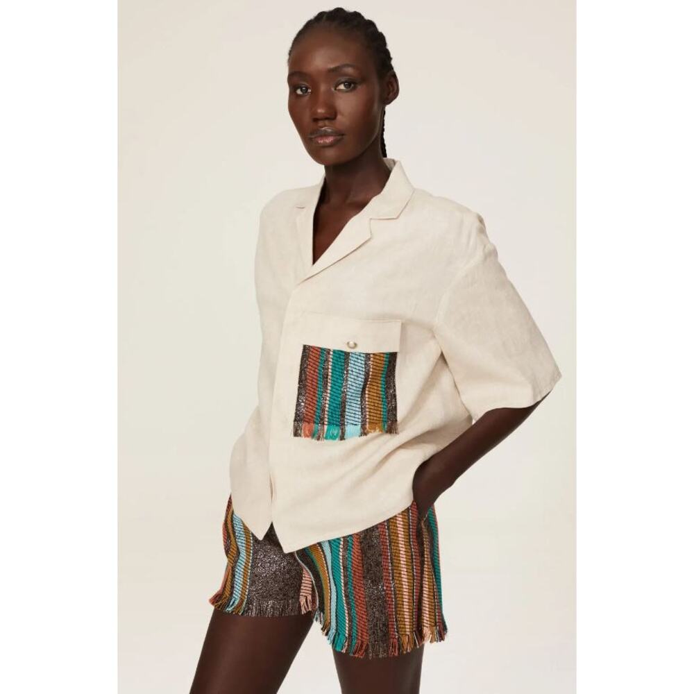 Benjamin Benmoyal Cassette Bowling Button Down Shirt Cream Women's Size Small